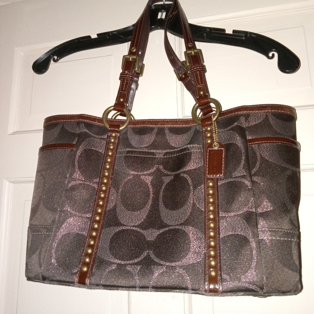 Coach large brown Signature Cs Pink sparkly Bag with studded strip on front